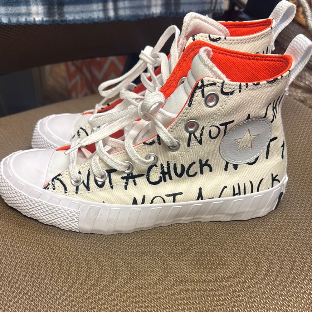 Converse White and Orange Artistic High-Top Sneakers